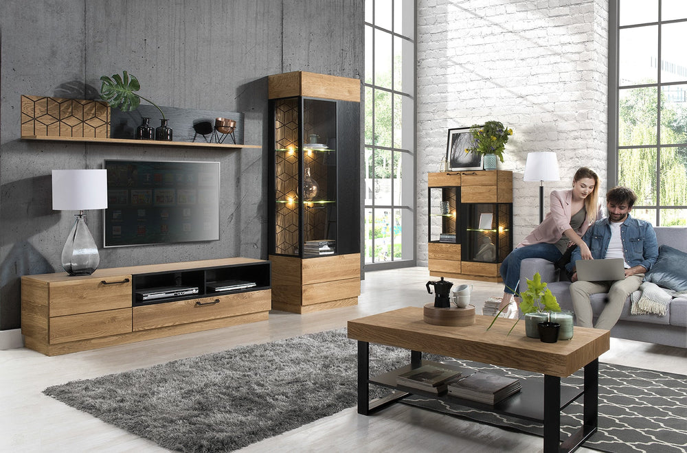 VESKOR Mozaik Holzmöbel aus Eiche, Vitrine, Sideboard im modernen, skandinavisch-industriellen Design